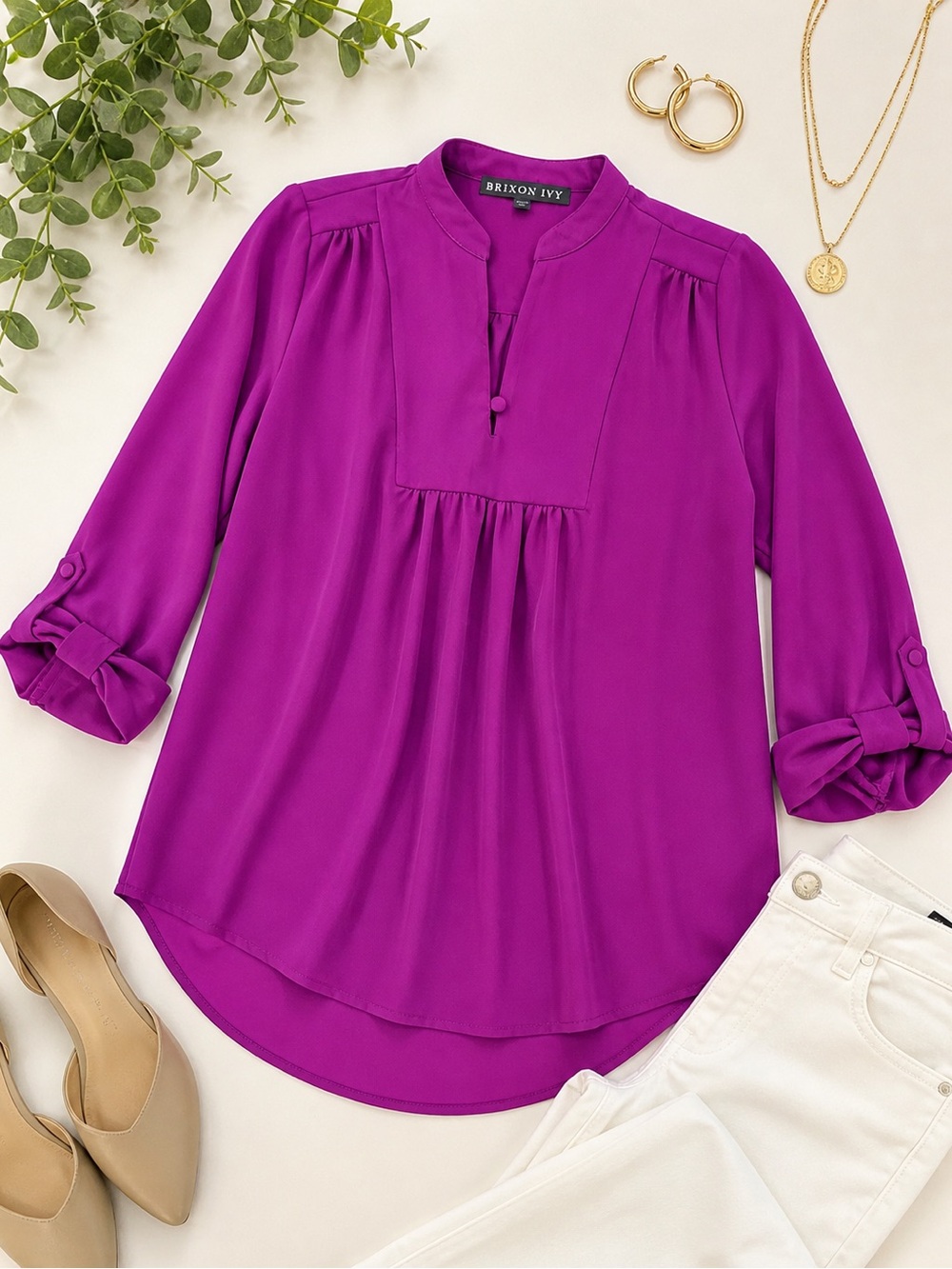 Brixon Ivy Fuschia Blouse XS | Split Neck Roll Tab Sleeve Top